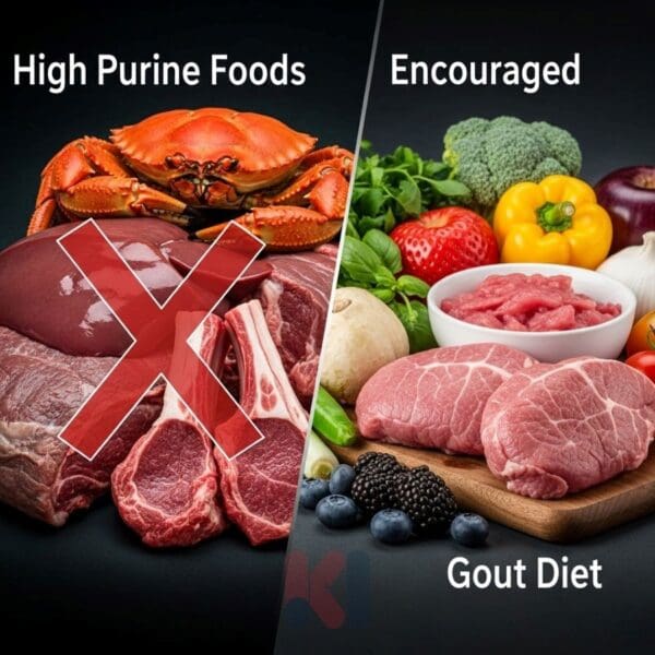 So sánh thực phẩm giàu purine cần tránh và thực phẩm tốt cho người bị bệnh gout.