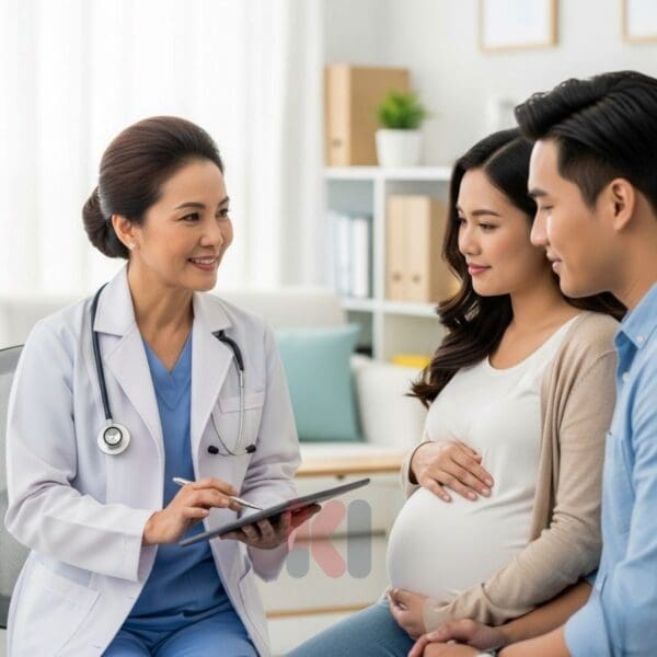 Bác sĩ tư vấn siêu âm thai kỳ cho cặp vợ chồng.