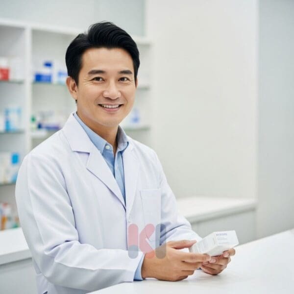 Dược sĩ nam tư vấn thuốc tại nhà thuốc.