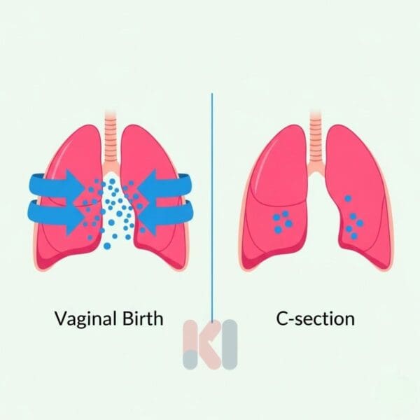 Minh họa hệ hô hấp của trẻ sinh mổ còn dịch phổi so với sinh thường.