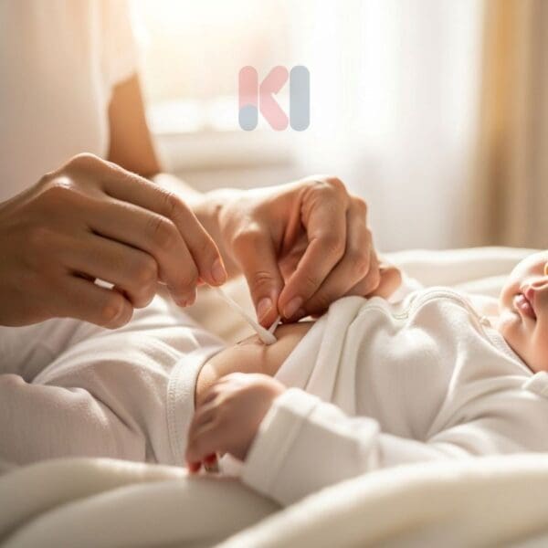 Mẹ dùng tăm bông vệ sinh rốn cho bé sơ sinh.