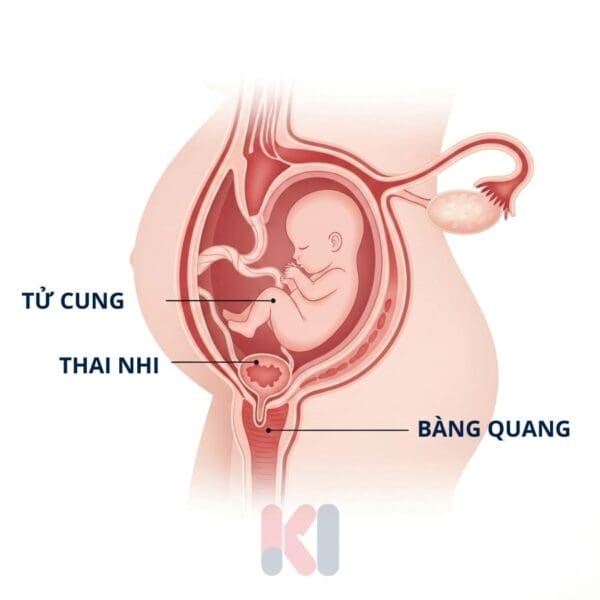 Sơ đồ minh họa vị trí thai nhi trong tử cung gây áp lực lên bàng quang.