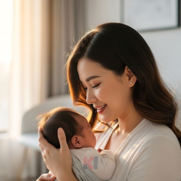 Người mẹ cho con bú mỉm cười hạnh phúc bên cạnh bé sơ sinh khỏe mạnh.