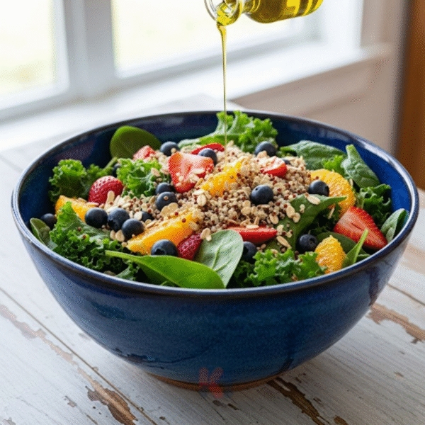 Tô salad đầy màu sắc với rau xanh, hoa quả và ngũ cốc nguyên hạt giúp phòng ngừa đột quỵ hiệu quả.