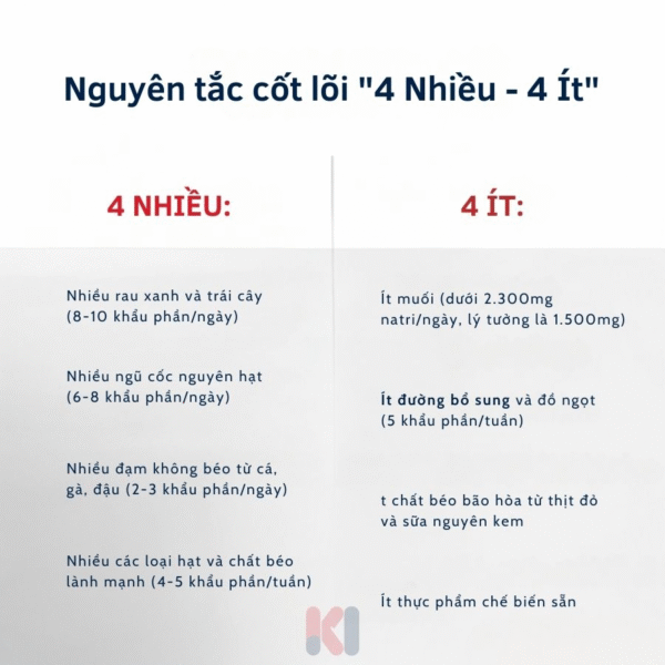 Infographic tóm tắt nguyên tắc 4 Nhiều - 4 Ít của chế độ ăn DASH trong phòng ngừa đột quỵ.