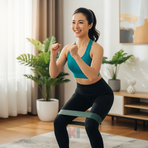 Phụ nữ Việt Nam thực hiện bài tập kháng lực cho nữ tại nhà với dây đàn hồi trong phòng khách.