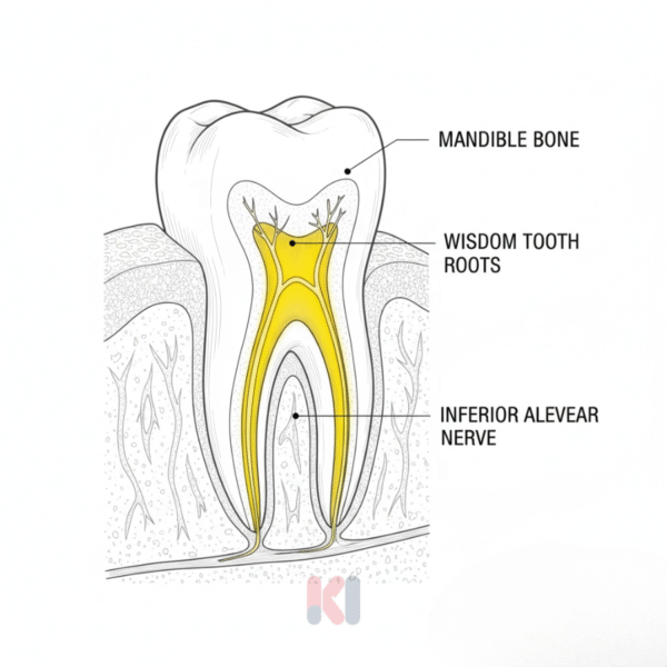 Minh họa vị trí chân răng khôn nằm sát dây thần kinh hàm dưới, tiềm ẩn nguy cơ biến chứng.