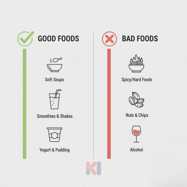 Infographic các thực phẩm nên ăn và cần tránh sau khi nhổ răng để mau lành vết thương.