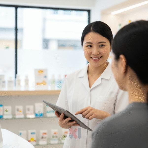 Dược sĩ tại Nhà Thuốc Khải Hoàn đang tư vấn chuyên môn về chăm sóc sức khỏe răng miệng cho khách hàng.