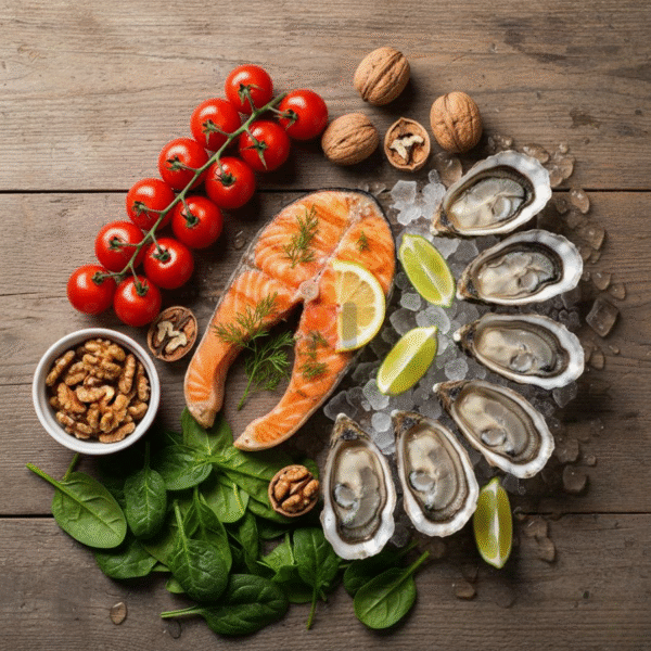 Các loại thực phẩm tốt cho tinh trùng như cá hồi, hàu, cà chua giúp phục hồi sức khỏe sinh sản nam giới.