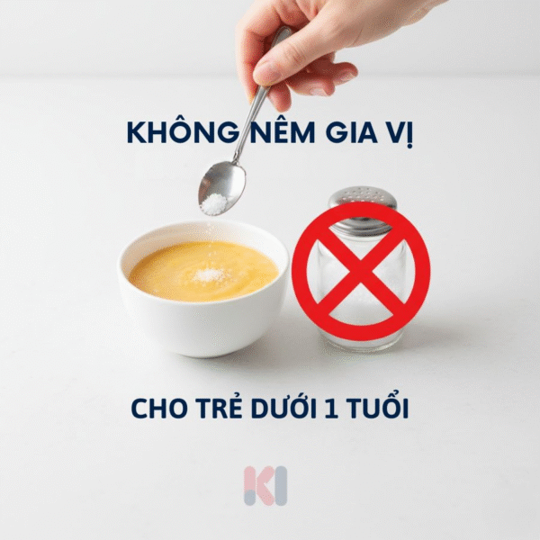 Hình ảnh cảnh báo sai lầm không nêm muối và gia vị vào cháo cho bé dưới 1 tuổi.