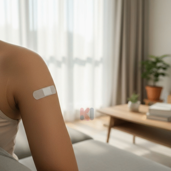 Cánh tay dán băng gạc tròn sau khi tiêm đang được nghỉ ngơi thư giãn tại nhà.
