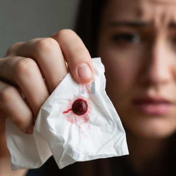 Một người đang lo lắng sau khi phát hiện xì mũi ra cục máu đông trong khăn giấy.