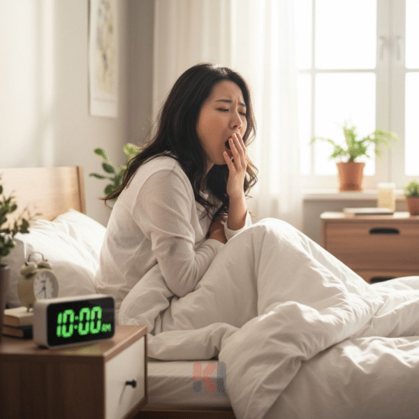 Một phụ nữ trẻ thức dậy lúc 10 giờ sáng nhưng vẫn mệt mỏi, băn khoăn về việc ngủ nhiều có tốt không.