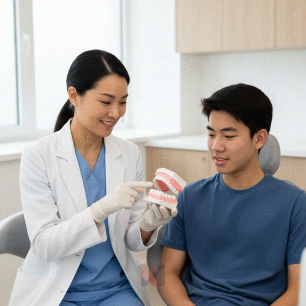 Chuyên gia nha khoa tư vấn về quy trình niềng răng móm cho bệnh nhân tại phòng khám hiện đại.