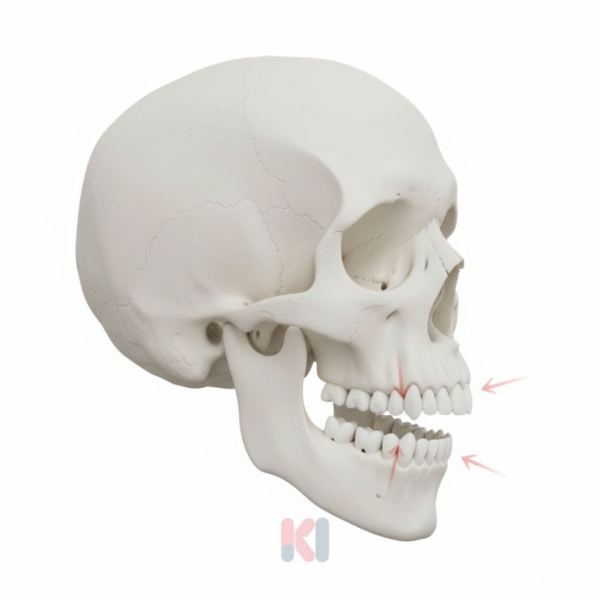 Sơ đồ 3D minh họa tình trạng khớp cắn ngược, hay còn gọi là răng móm, với hàm dưới ở phía trước hàm trên.
