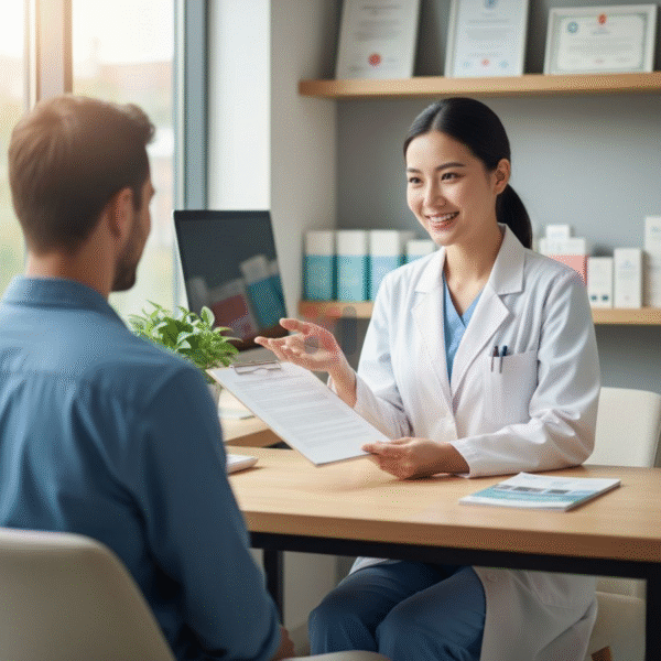 Bác sĩ tư vấn cho bệnh nhân về nguyên nhân và cách điều trị nước tiểu có váng mỡ.