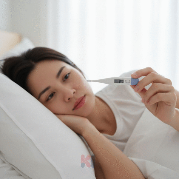 Người phụ nữ mệt mỏi vì sốt 38.5 độ đang nằm nghỉ trên giường và kiểm tra nhiệt độ bằng nhiệt kế điện tử.