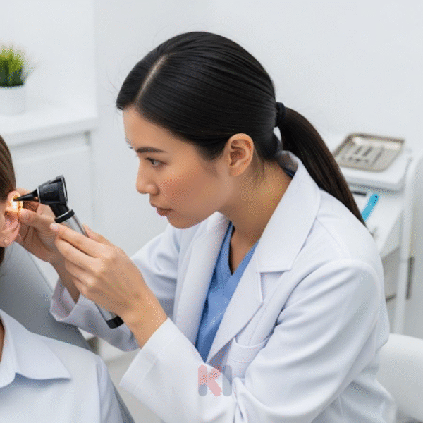 Bác sĩ chuyên khoa sử dụng đèn nội soi tai để chẩn đoán chính xác tình trạng thủng màng nhĩ.