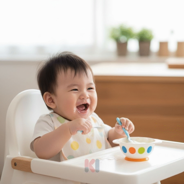 Em bé 6 tháng tuổi bụ bẫm đang vui vẻ ăn váng sữa từ chiếc thìa của mẹ trong bữa ăn dặm đầu đời.