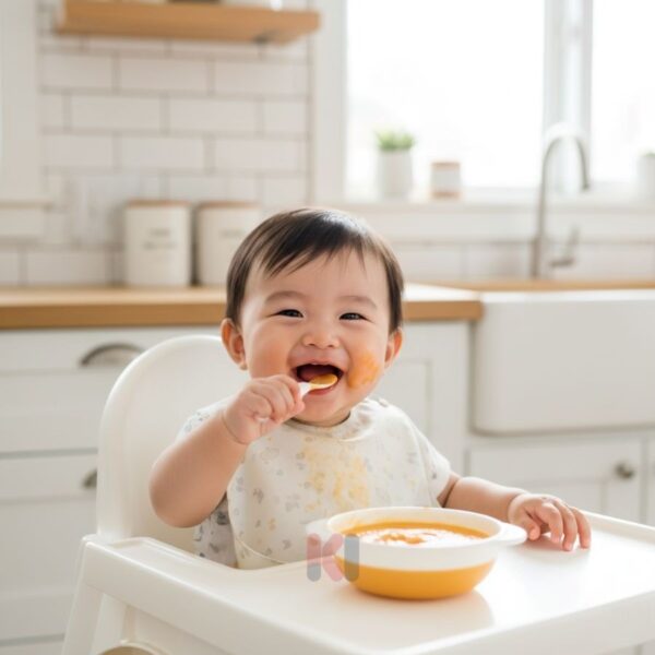 Bé trai 8 tháng tuổi đang ăn dặm cháo đậu lăng bí đỏ rất ngon miệng.