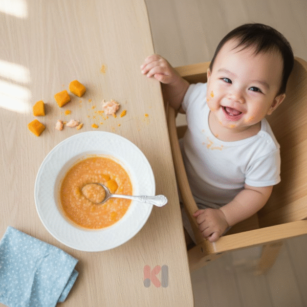 Em bé cười tươi bên bát cháo cá hồi bí đỏ, minh họa cho lợi ích của việc cho bé ăn dặm cá hồi.