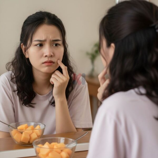 Cô gái lo lắng về nốt mụn, minh họa cho việc ăn dưa vàng không đúng cách có thể gây mụn.