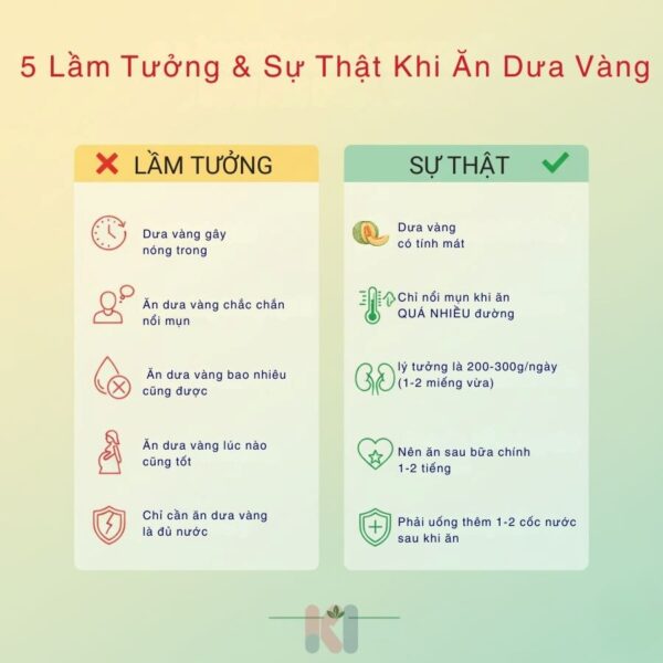 Infographic tóm tắt 5 lầm tưởng và sự thật về dưa vàng, giải đáp dưa vàng mát hay nóng và cách ăn đúng.