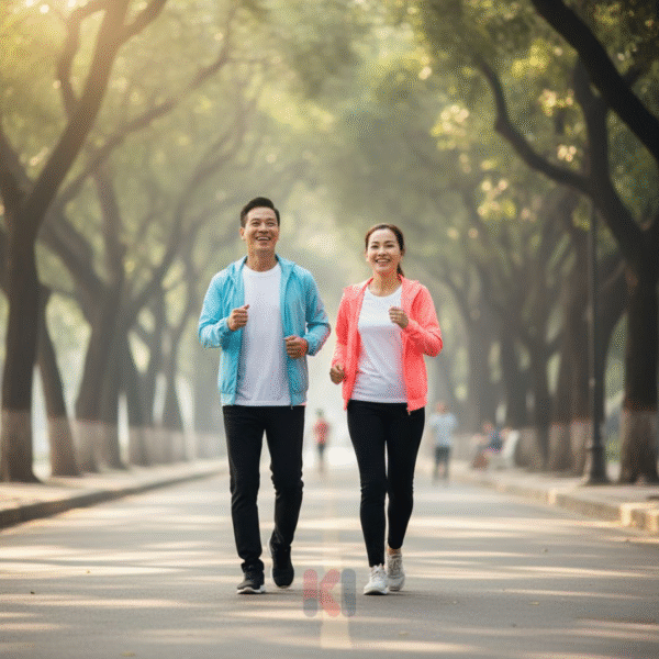 Cặp đôi trung niên khỏe mạnh, rạng rỡ đi bộ giảm cân trong công viên đầy nắng.